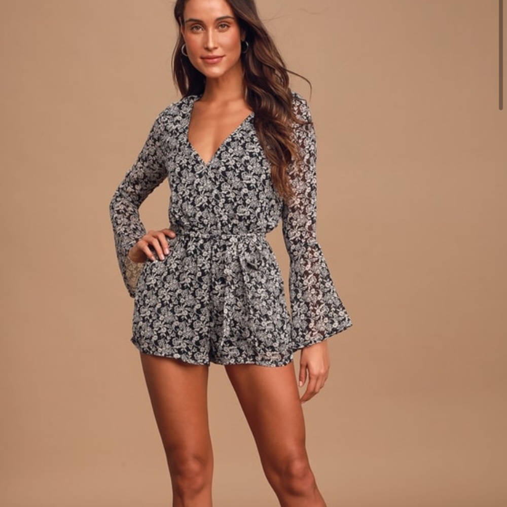 Lulus Cheerful Talks Black Floral Print Bell Sleeve Romper